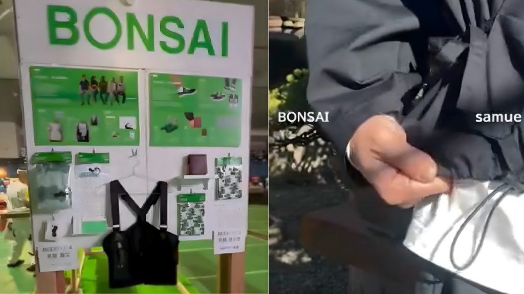 名古屋モード学園ファッション学科の学生作品を着用した盆栽師が、大樹園の松柏盆栽の並ぶ園内で撮影している様子｜卒業制作展2026